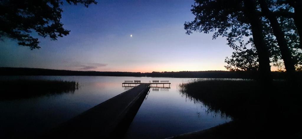 un banco sentado a un lado de un lago en BORY TUCHOLSKIE SKÓRZENNO KOŁO OSIEKA, en Osiek