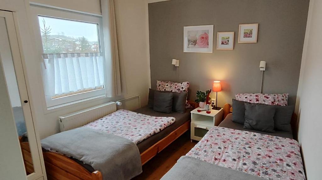 Postel nebo postele na pokoji v ubytování diemelseeholiday romantisches Ferienhaus im Sauerland Nähe Willingen Winterberg