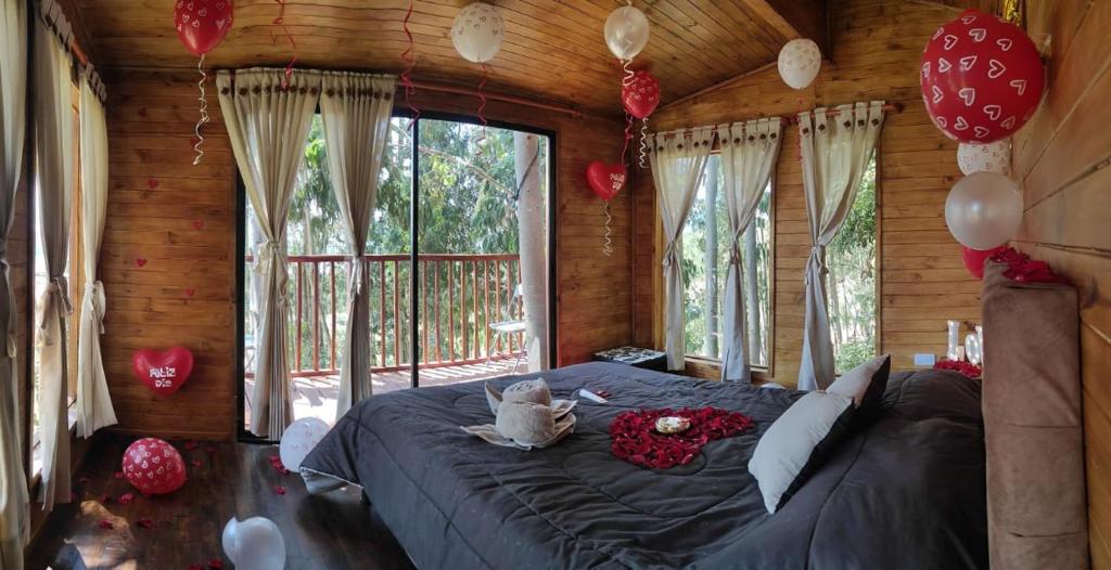 Un dormitorio con una cama con globos y una ventana en Casa en el Árbol Guatavita en Guatavita