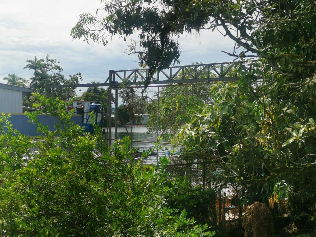 a bridge over a river with trees in the foreground at Adorable 2-bedroom stay with Balcony in Almirante