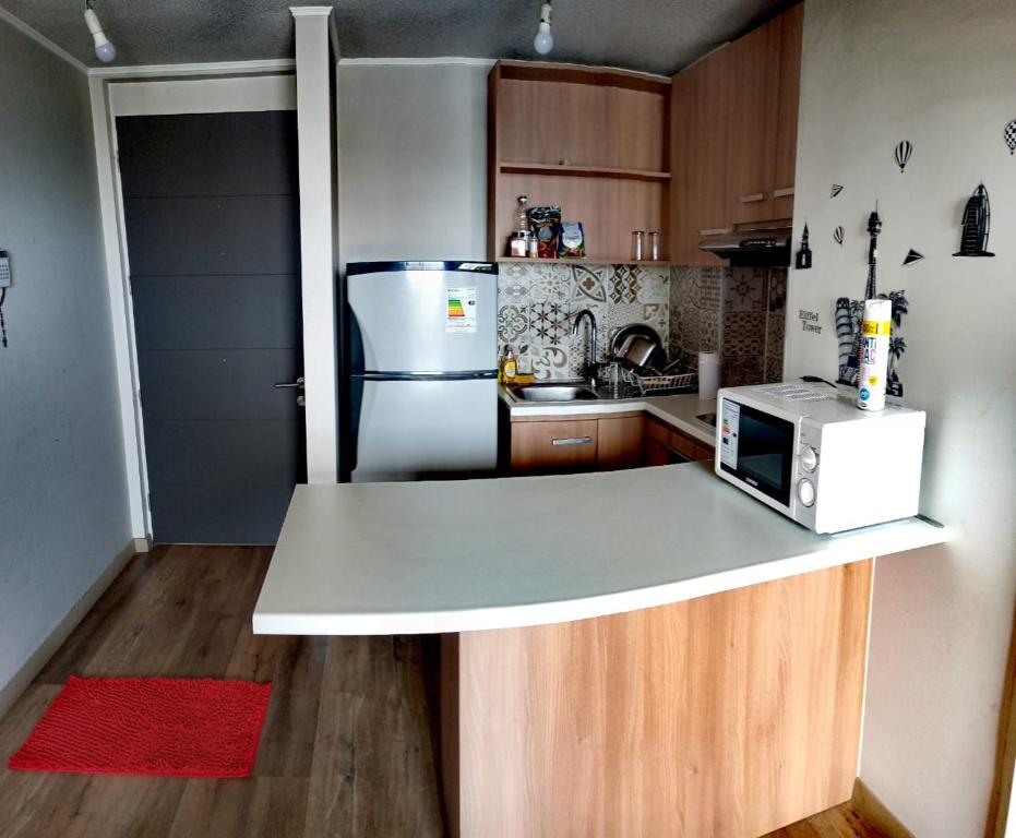 a kitchen with a counter with a microwave and a refrigerator at Cómodo Departamento (Estación Central) in Santiago