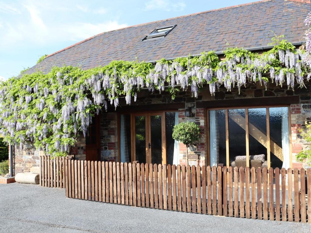a building with a bunch of wisterias hanging over a fence at Little Orchard in Newton Abbot