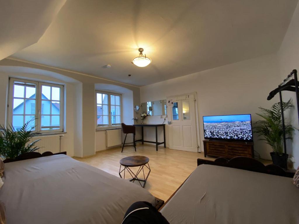 1 dormitorio con 2 camas y TV de pantalla plana en Room in Apartment - Schlafen Wie Prinzessinnen In Kemptens Schlosschen, en Kempten