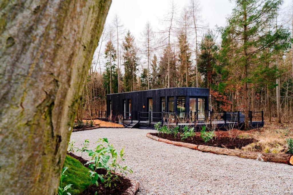 a black building in the middle of a forest at Camp Kátur Glamping in Carthorpe