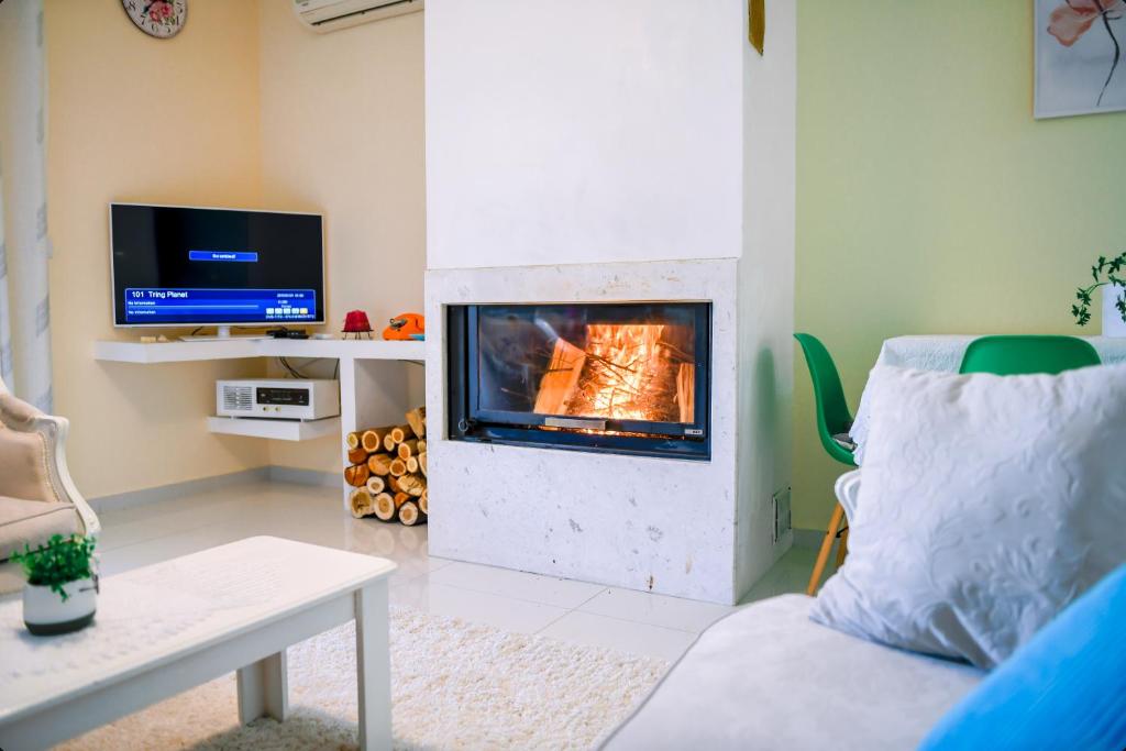 a living room with a fireplace and a tv at Villa Kuci, Drobonik Berat in Berat