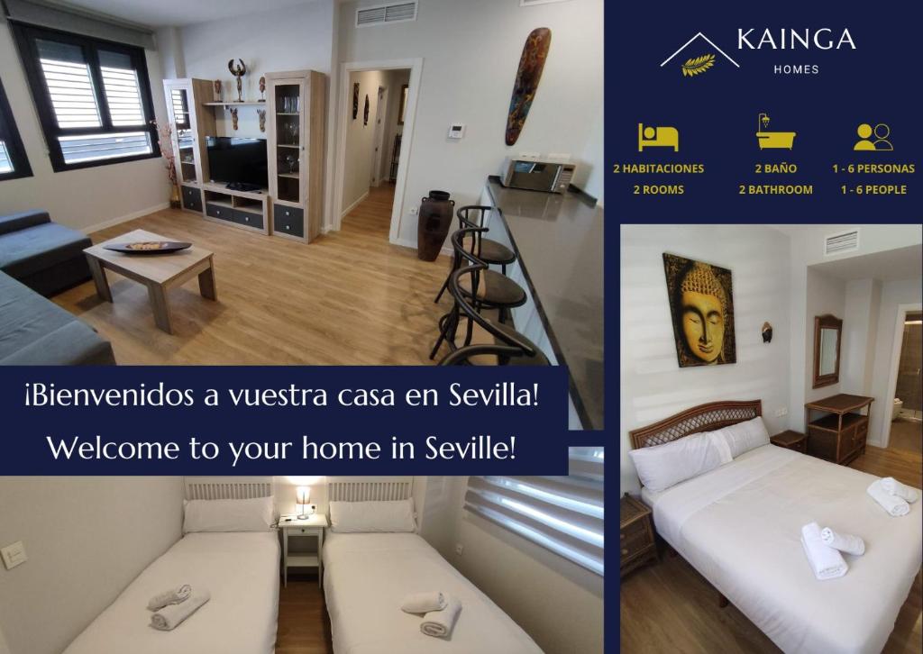 een slaapkamer en een woonkamer met een bed bij Apartamento Alfareria de Triana - Kainga Homes in Sevilla