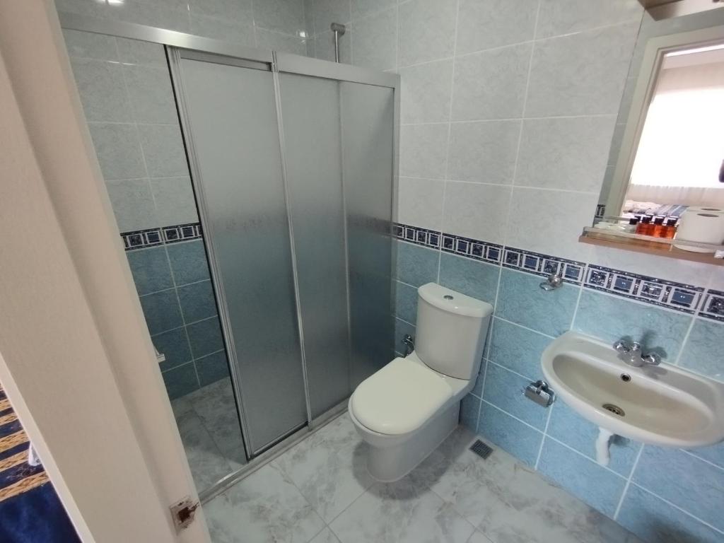 uma casa de banho com um WC, um chuveiro e um lavatório. em Anadolu Hotel em Istambul