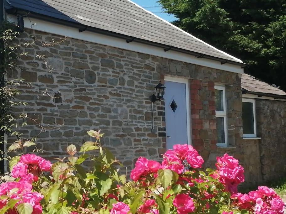 a brick building with a white door and pink flowers at Converted rural stone cottage, Swansea in Swansea