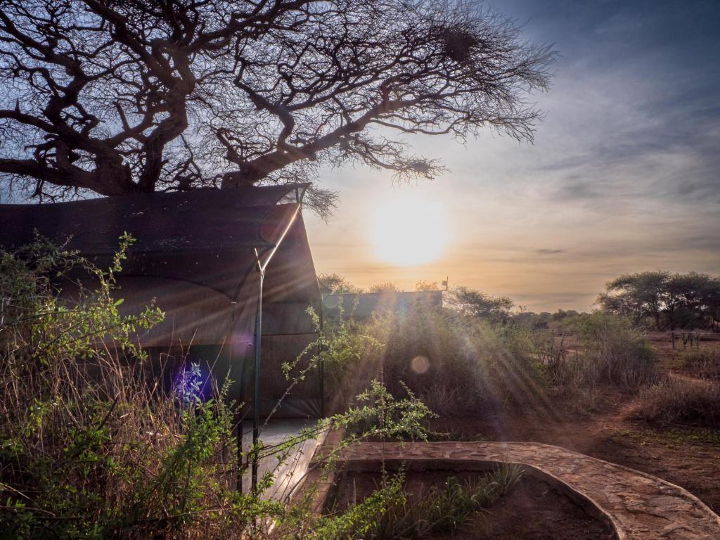 uma vista para o pôr do sol atrás de uma árvore em Tulia Amboseli Safari Camp em Amboseli