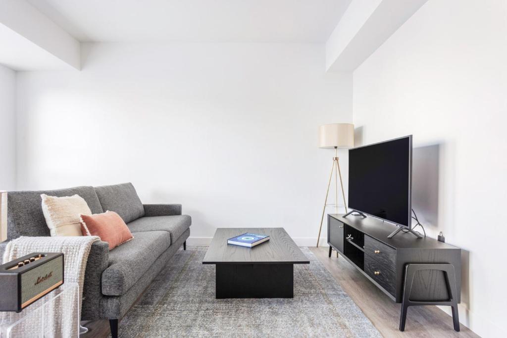 a living room with a couch and a tv at Central Sq 1BR w Gym Doorman Roof BOS-314 in Cambridge