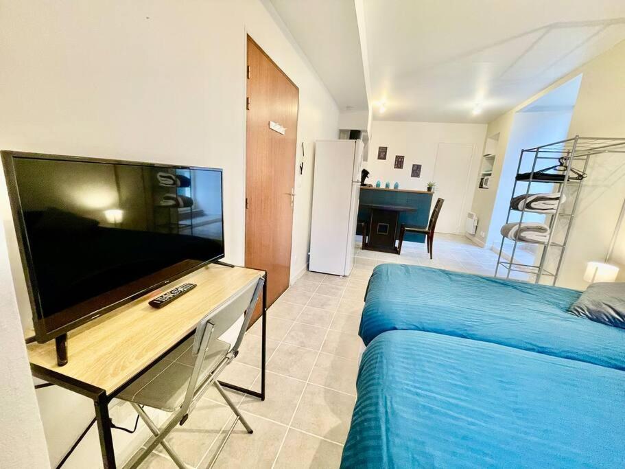 ein Wohnzimmer mit einem Flachbild-TV und einem Bett in der Unterkunft * Au centre de la ville haute D * ZEN LOC 5 in Provins