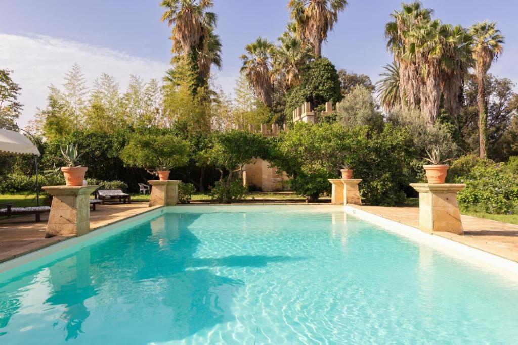 uma piscina num quintal com palmeiras em La Baronia em Trapani