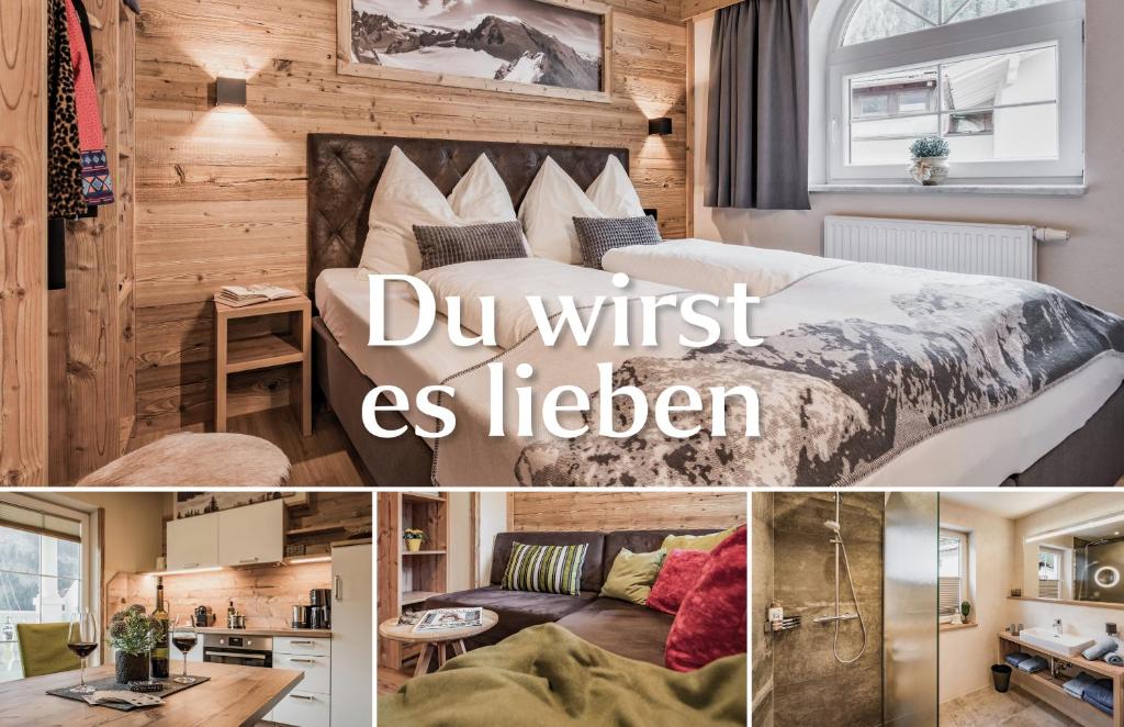 a collage of photos with a bedroom and a kitchen at Villa Romantica Appartement in Mayrhofen