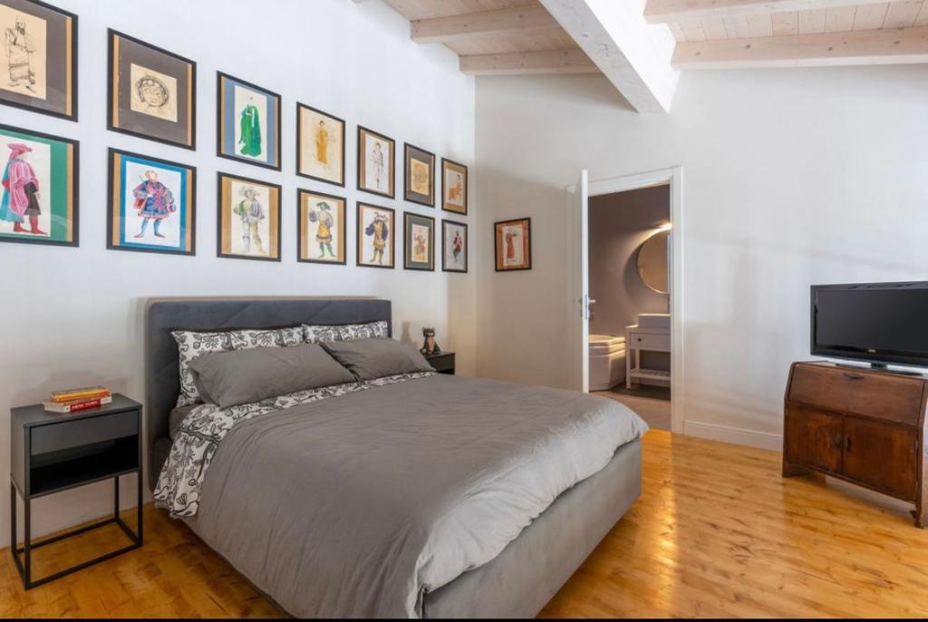 een slaapkamer met een bed en een flatscreen-tv bij Loft incantevole in Vinci