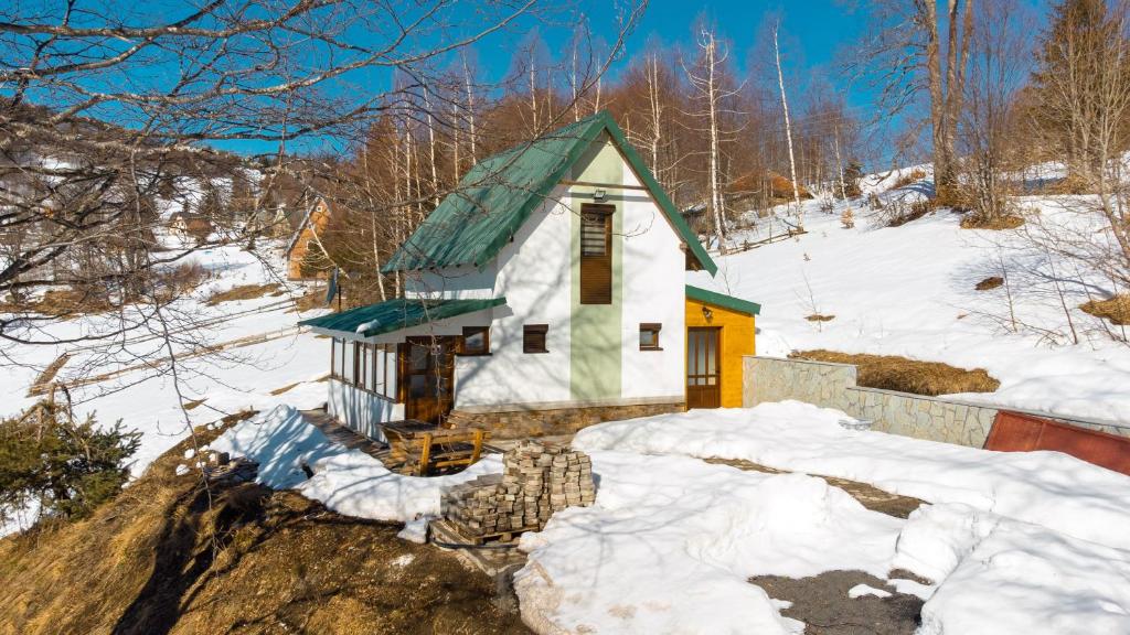 ein kleines Haus mit grünem Dach im Schnee in der Unterkunft Golijski Vuk in Raška