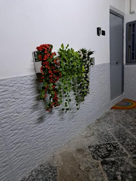 Un mazzo di fiori seduti su un muro di Casa Storica a Napoli