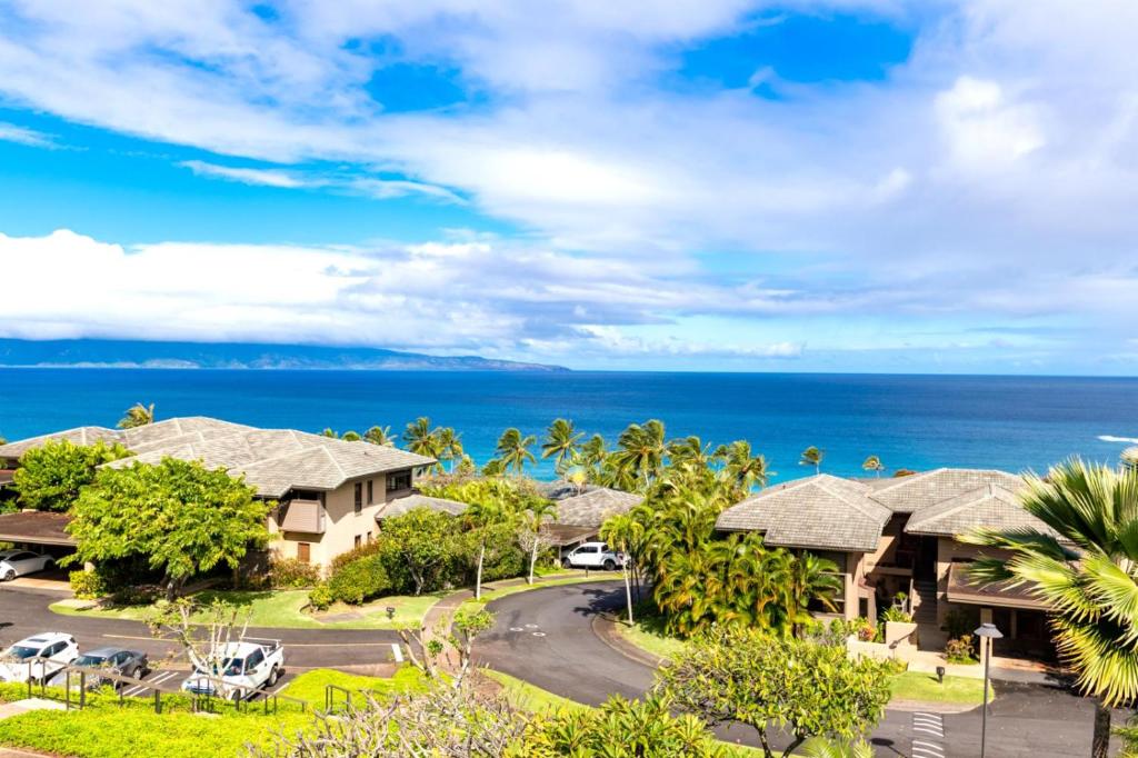 an aerial view of a resort with the ocean in the background at K B M Resorts- KRV-1023 Spacious Luxury Villa with Sweeping Ocean Golf and Mountain views in Kaanapali