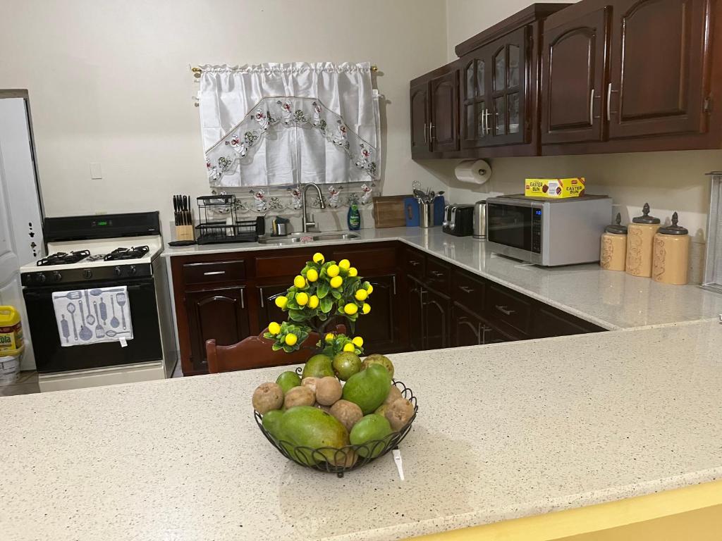 eine Küche mit einer Schale Obst auf der Theke in der Unterkunft St Bess Comfort Style in Black River