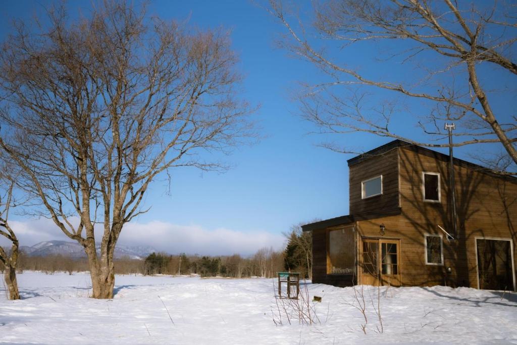 an old house in a snowy field with a tree at 小さな森の貸し切り宿Forest-House-Ranapirica in Shibetsu