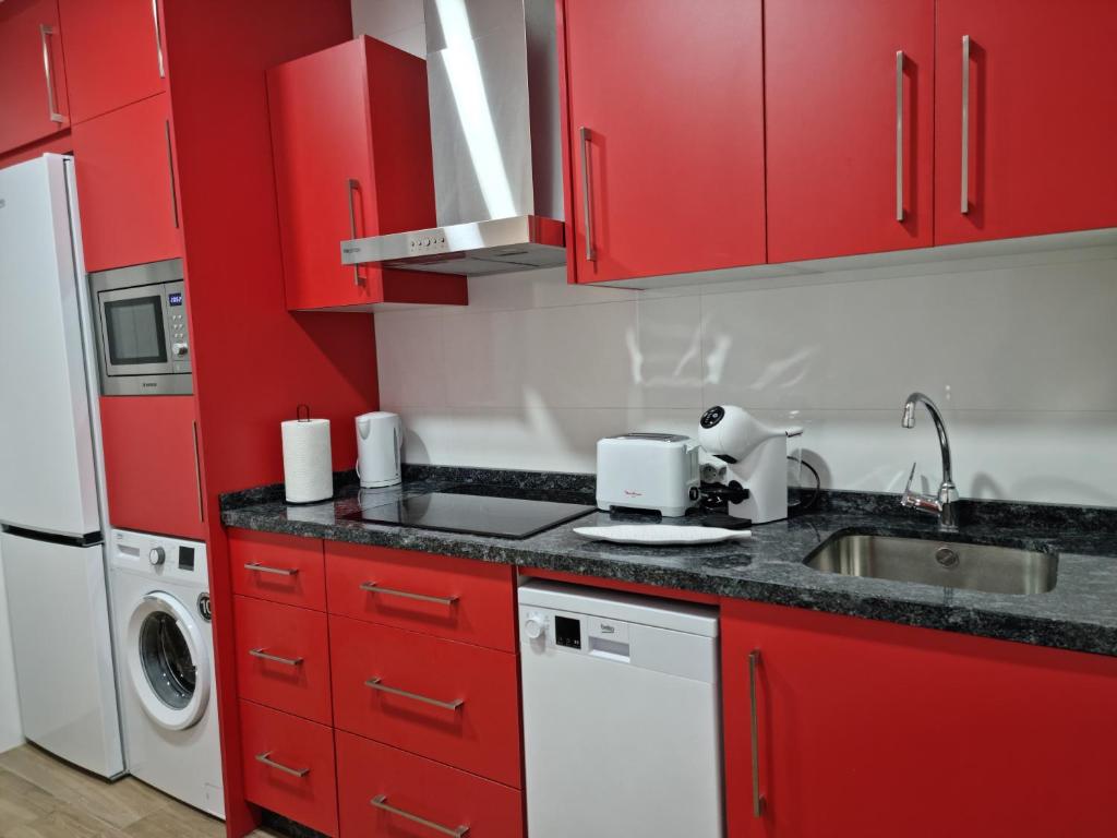 a red kitchen with a sink and red cabinets at Casa Roman LUX in León