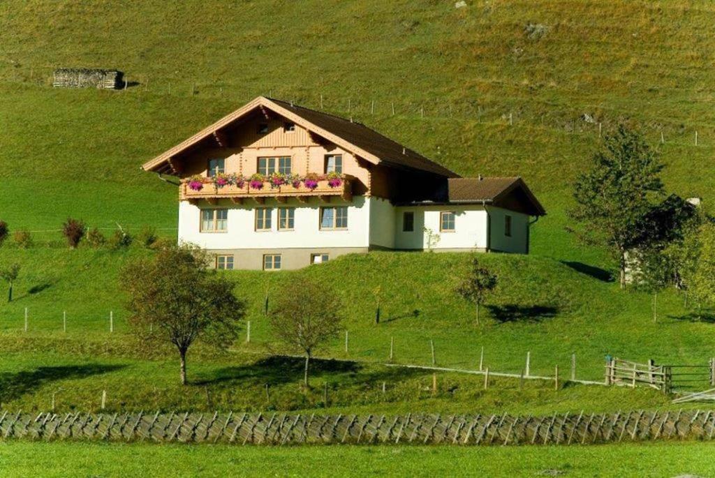 una casa en una colina con flores en un balcón en Präau-Gut, en Dorfgastein