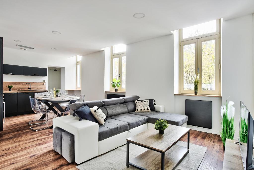 a living room with a couch and a table at Appartement Le Somptueux Bressan - Hyper-Centre in Bourg-en-Bresse