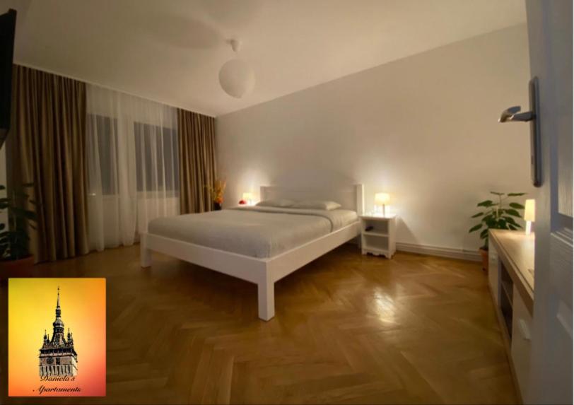 une chambre avec un grand lit dans une pièce dans l'établissement Daniela's Apartaments, à Sighişoara