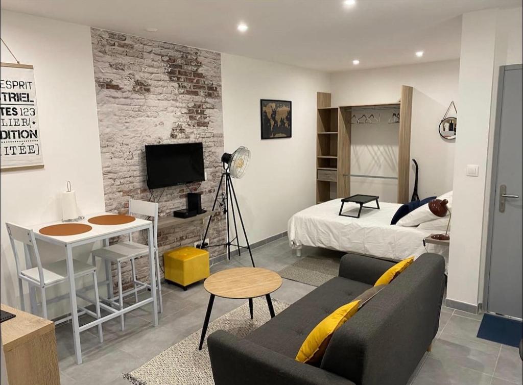 uma sala de estar com um sofá e uma cama em Studio 23m2 moderne hypercentre - Arènes à 2 min em Nîmes