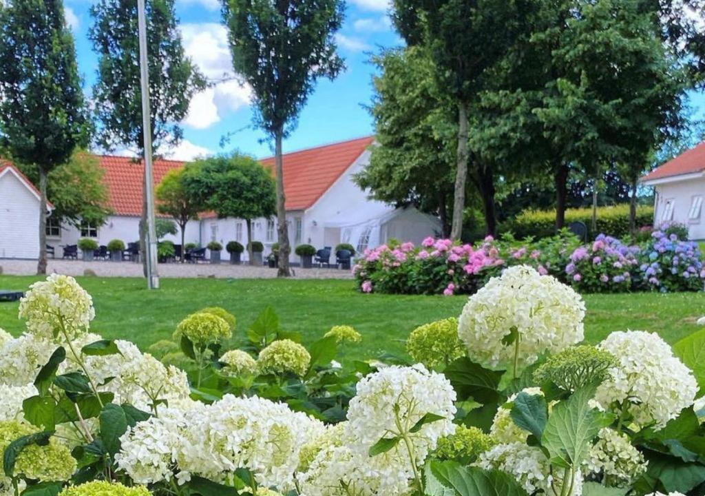 un jardín con flores blancas en un patio en Lille Grynborg en Blommenslyst