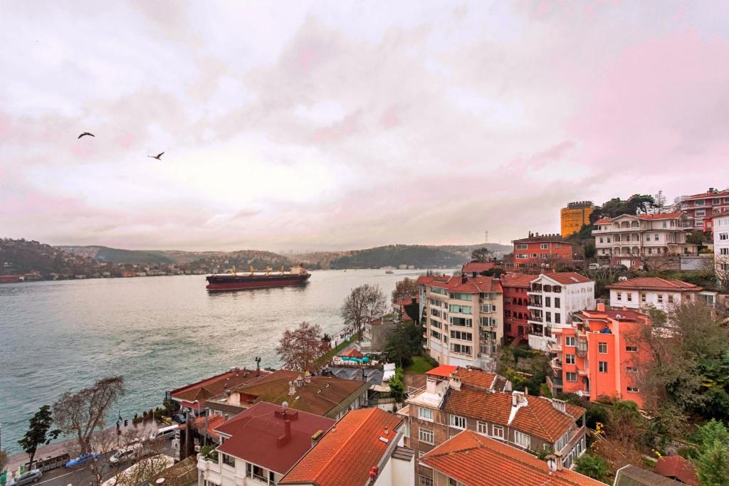 eine Stadt mit einem Fluss und Gebäuden und einem Boot in der Unterkunft Dreamy Flat with Bosphorus View in Rumeli Hisari in Istanbul