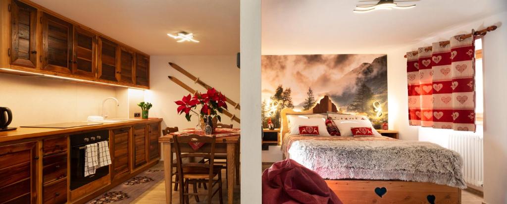 two images of a kitchen and a bedroom with a bed at Bilocale nel cuore del Cervino in Valtournenche