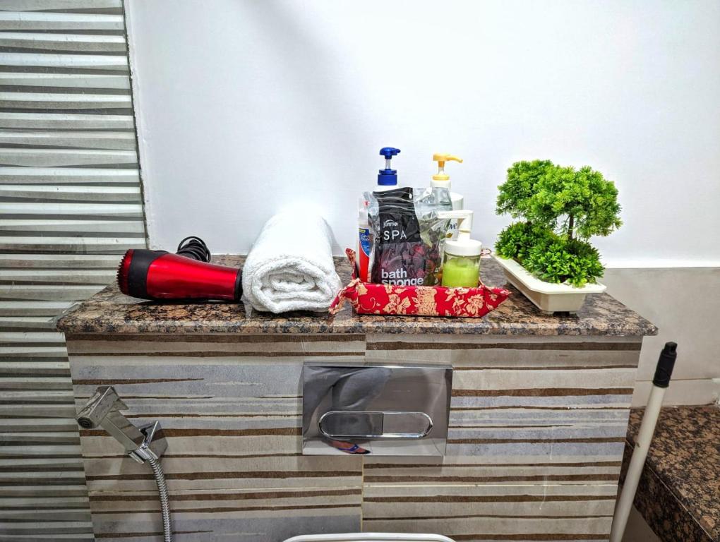 a kitchen counter with a sink and ingredients on it at Sun-Rise view Luxury apartment Gold Crest Mall in Lahore