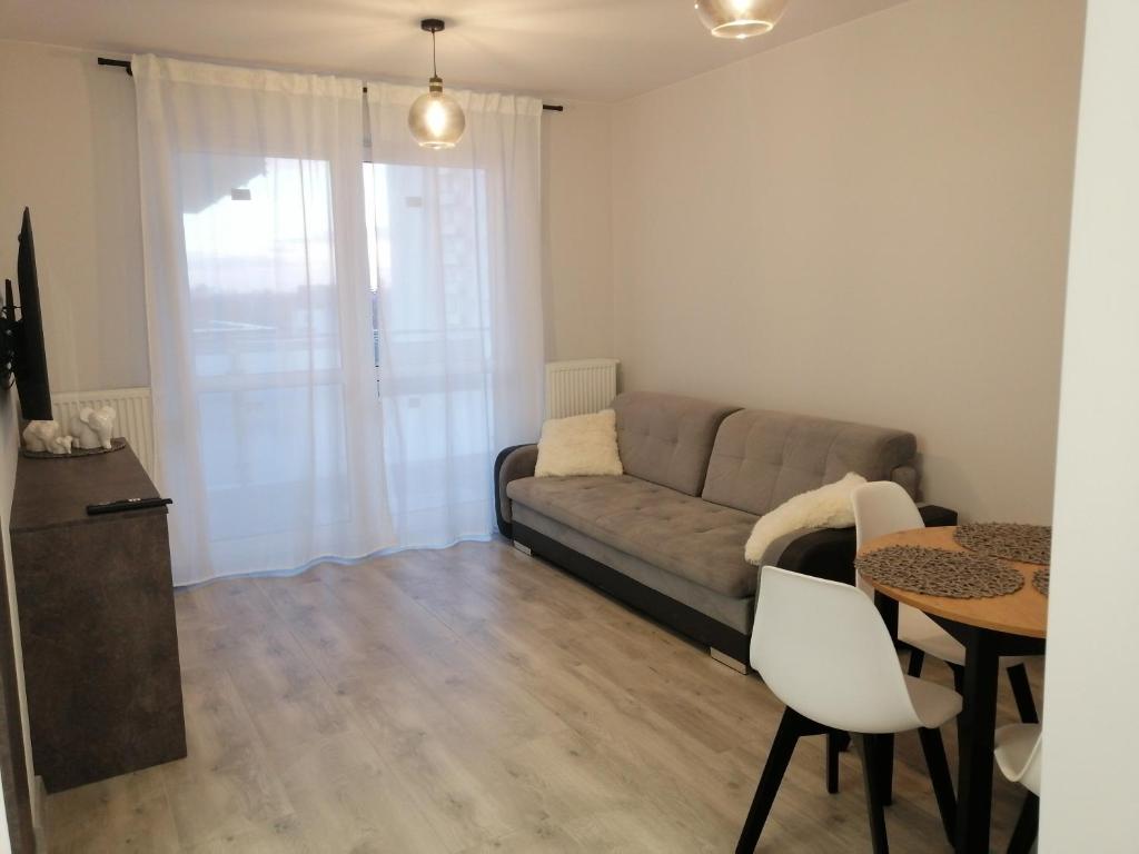 salon z kanapą i stołem w obiekcie Apartament Mielczarskiego w Elblągu