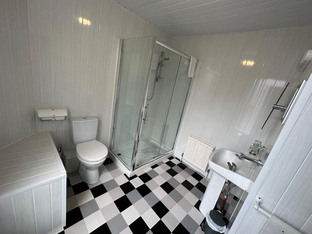 a bathroom with a shower and a toilet and a sink at The Port Hotel in Portrush