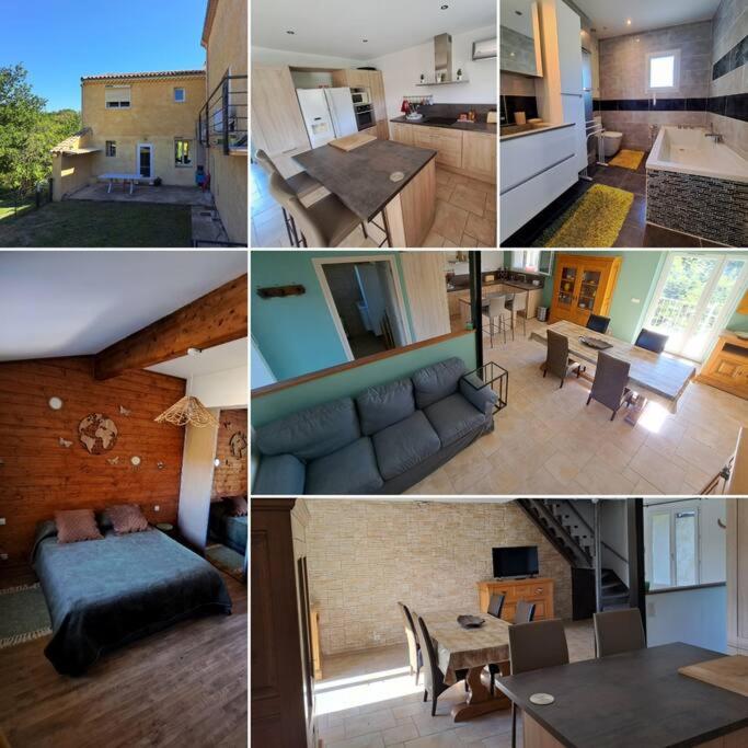 un collage de photos d'une cuisine et d'un salon dans l'établissement GITE Les Boyettes, à Le Teil