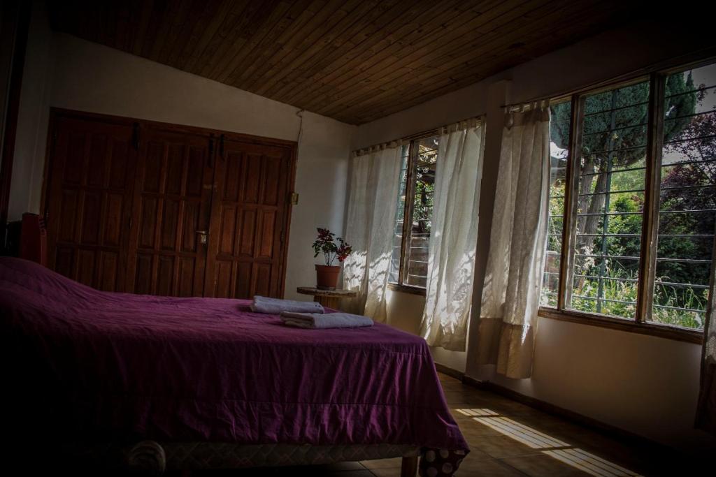 1 dormitorio con 1 cama de color púrpura y 2 ventanas en Verde Bosque en El Bolsón
