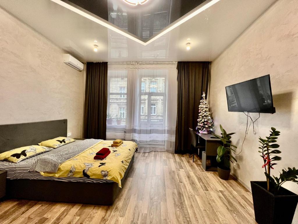 Schlafzimmer mit einem Bett und einem Flachbild-TV in der Unterkunft Kulisha 2bedroom apartment near Opera House with balcony in Lwiw