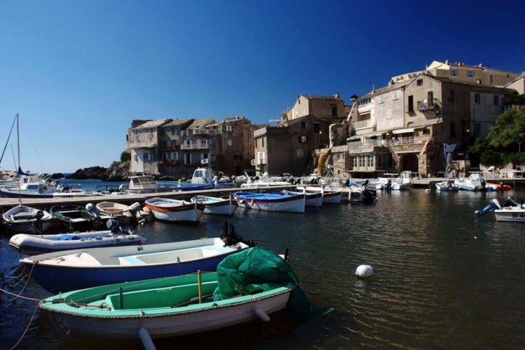 un groupe de bateaux amarrés dans un port avec des bâtiments dans l'établissement Très belle Villa familiale Cap Corse, à Brando