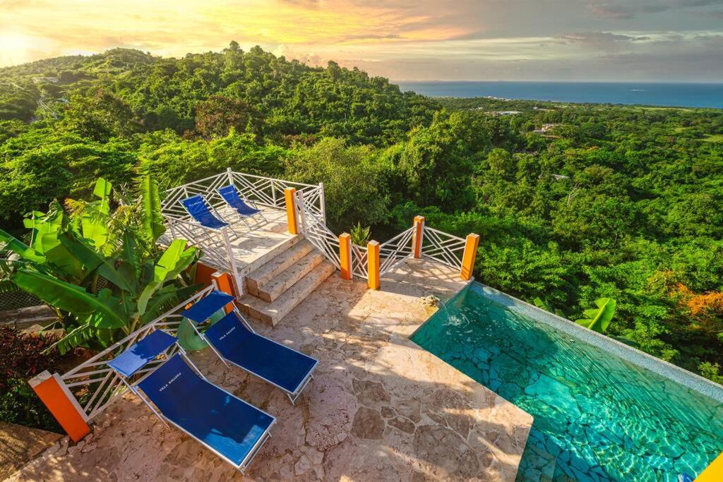 Vieques Villa Gallega - Oceanview w/Infinity Pool في بييكيس: مجموعة من الكراسي الزرقاء بجانب مسبح