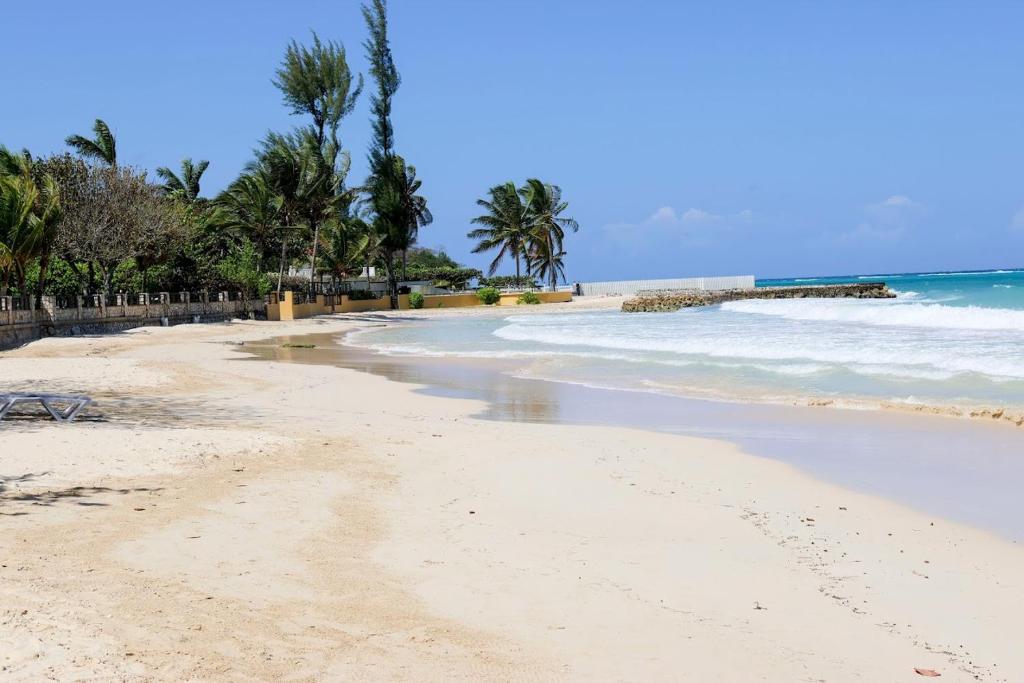 a sandy beach with palm trees and the ocean at Condo Rios Resort in Ocho Rios