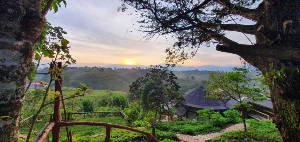 uma vista para o pôr-do-sol a partir de uma colina com árvores em hostal Sueño Paraiso- Observatorio astronómico em Popayan