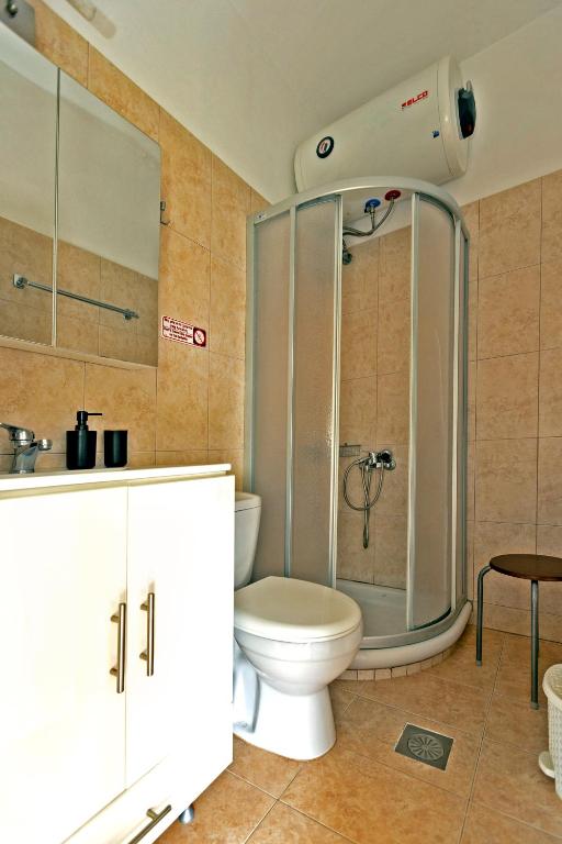 a bathroom with a shower and a toilet and a sink at Elaionas Studios in Gythio