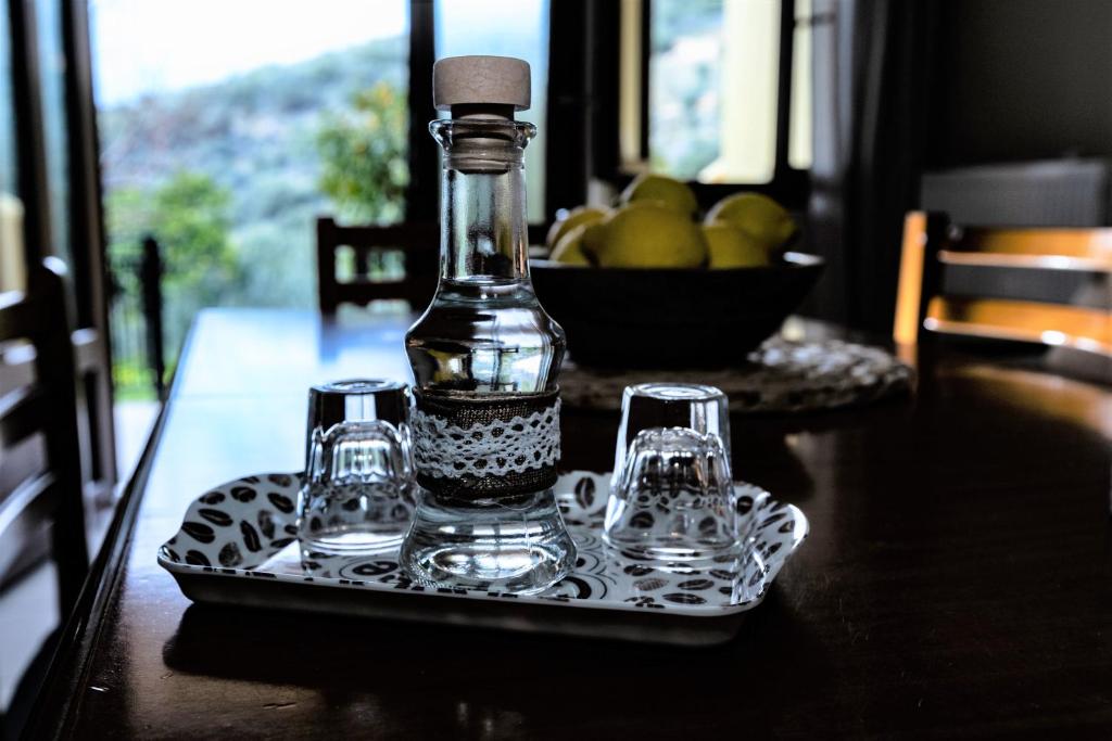 a bottle and two glasses on a tray on a table at Elaionas Studios in Gythio