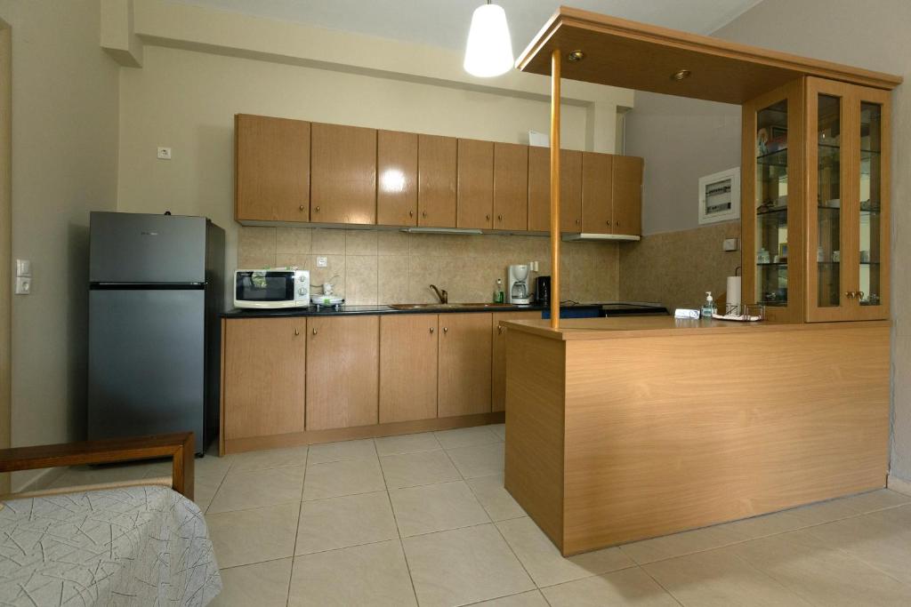 a kitchen with wooden cabinets and a refrigerator at Elaionas Studios in Gythio