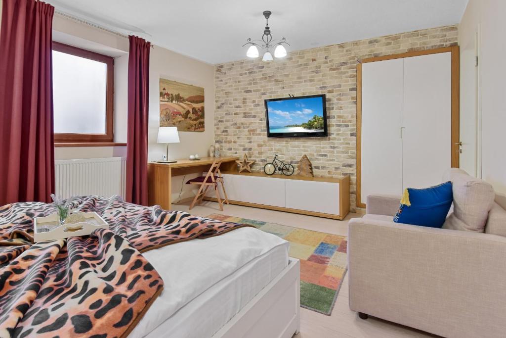 a bedroom with a bed and a couch and a tv at Bella Studio in Braşov