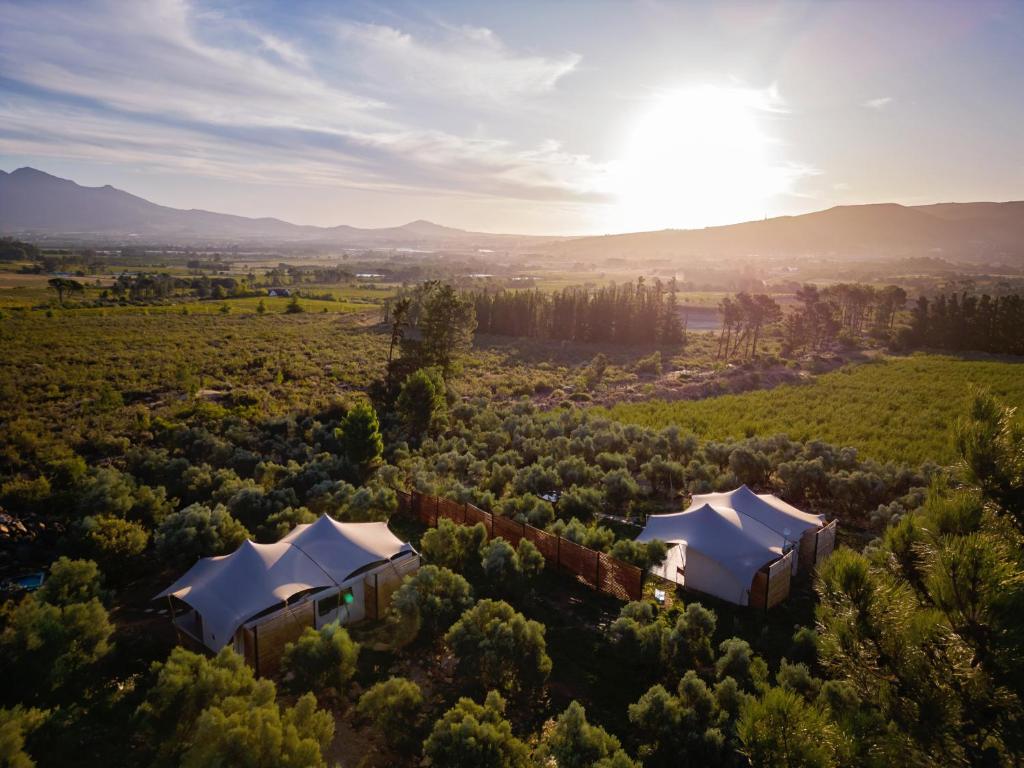 an aerial view of a resort in a field with trees at Wagyu Mountain Lodge in Paarl