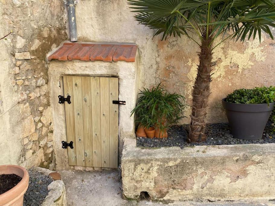 a small house with a wooden door next to plants at historic authentic atmosphere - high-end luxury décor in Le Cannet