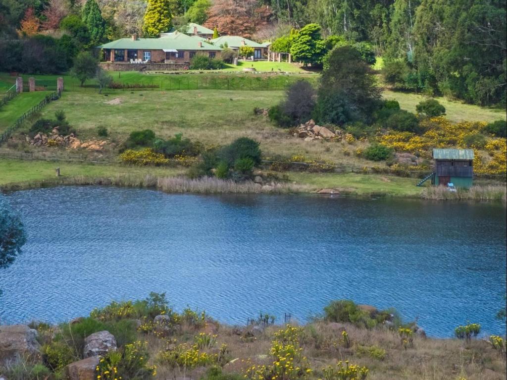 a pond in a field with a house in the background at Kinloch Lodge in Dullstroom