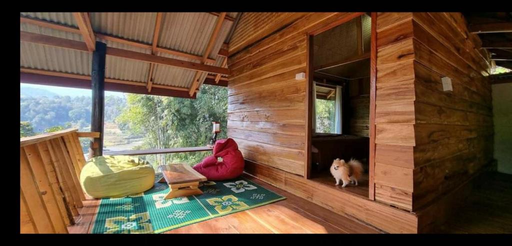 a dog sitting on the floor of a wooden house at PeaMoo Homestay in Chom Thong