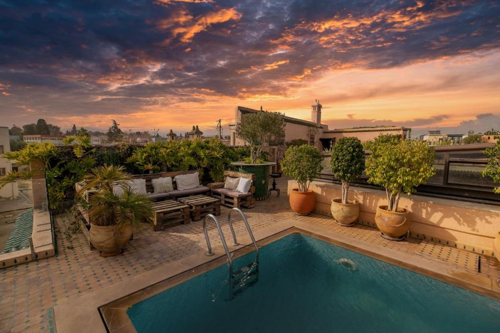 a swimming pool on top of a building with plants at Riad Semlalia in Fès